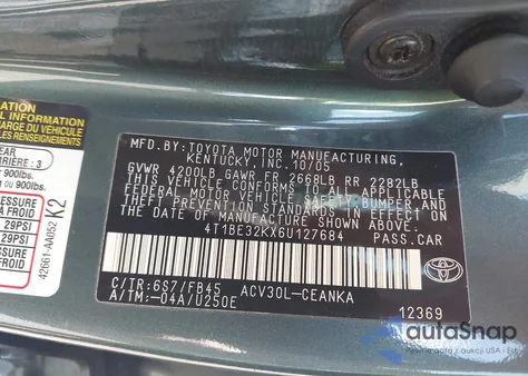 2006 Toyota Camry Le from USA, damaged, VIN 4T1BE32KX6U127684
